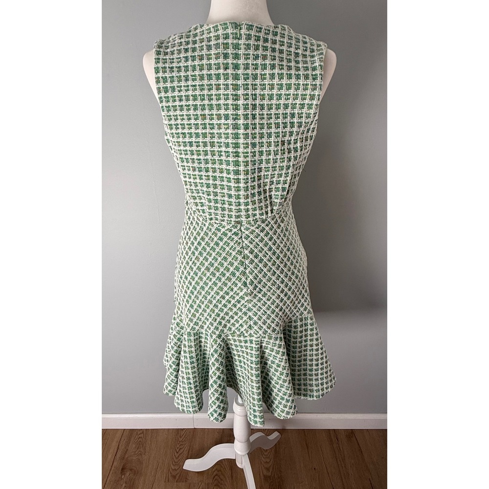 Taylor Plaid Tweed V-Neck Flounce Hem Sleeveless Mini Dress Green White Size 8 - Picture 7 of 14